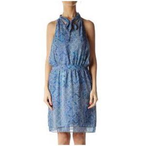 Banana Republic Womens Sleeveless Blue Print Chiffon Blouson Dress Neck Tie, OP